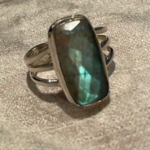 Stunning Labradorite Sterling Silver 925 Ring Size 8 Diamond Cut Rectangular